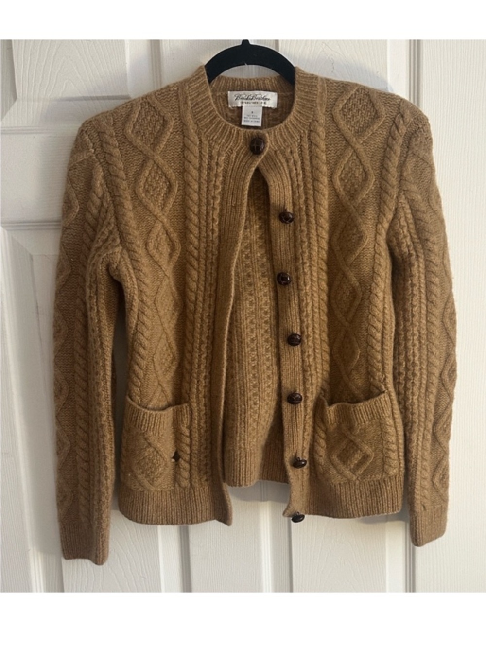 Brooks Brothers Camel Cable Knit Wool Cardigan